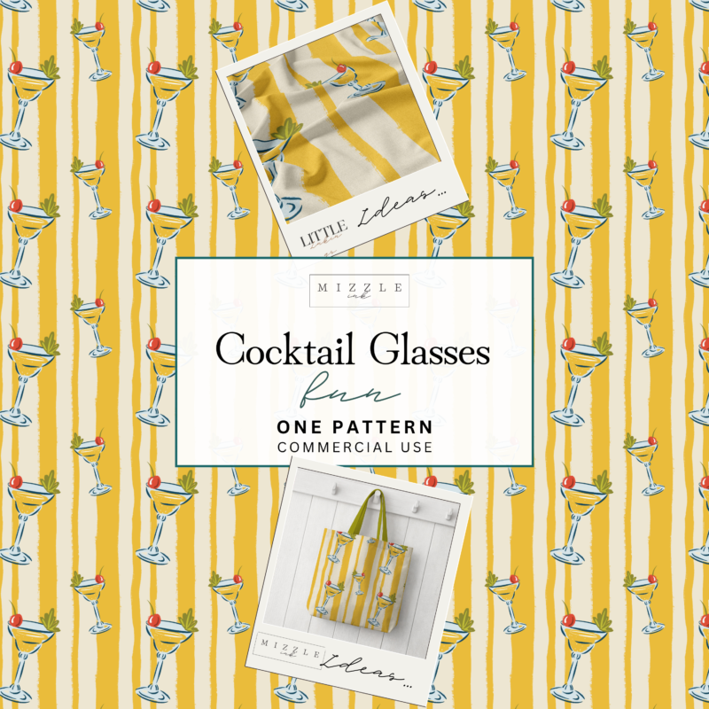 Retro cocktail glass seamless pattern with cherries and mustard yellow stripes, hand-drawn by MizzleInk