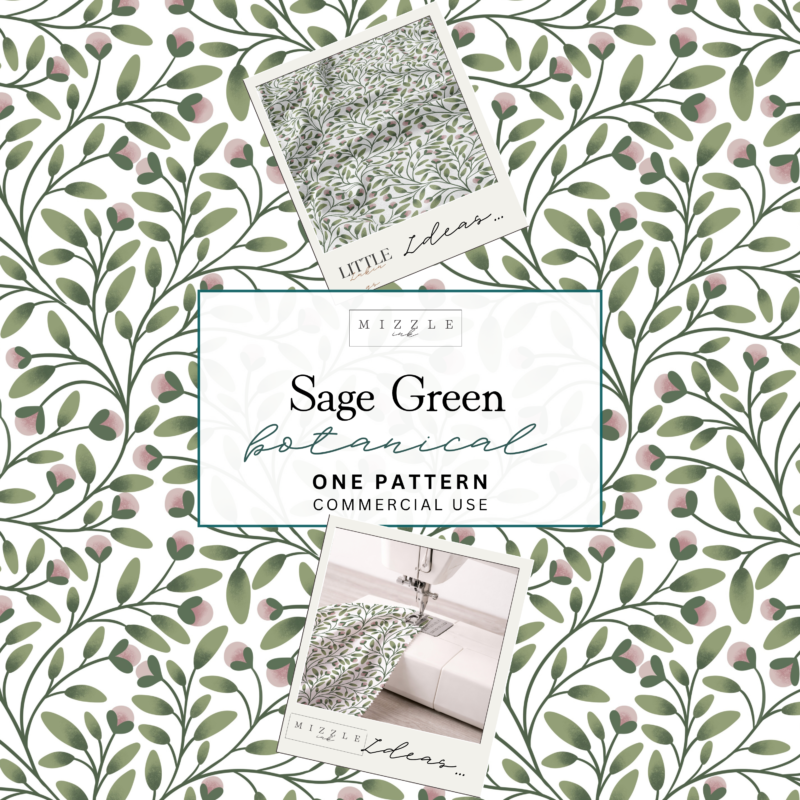 Sage green and blush pink botanical seamless pattern with trailing vines, hand-drawn by MizzleInk