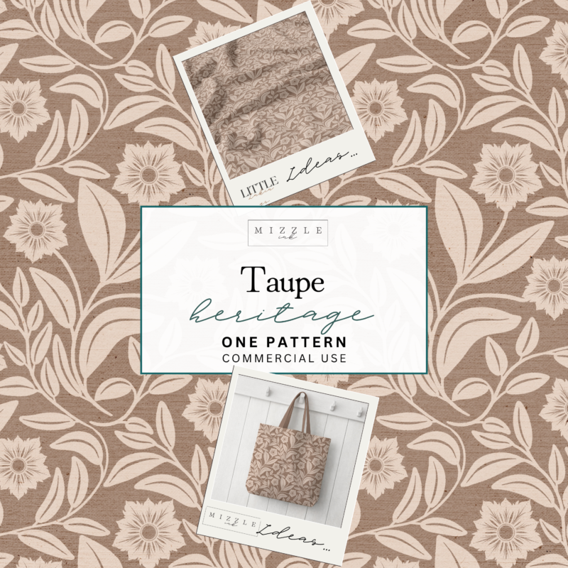 Taupe and cream heritage floral seamless pattern with trailing leaves and starburst flowers, hand-drawn by MizzleInk