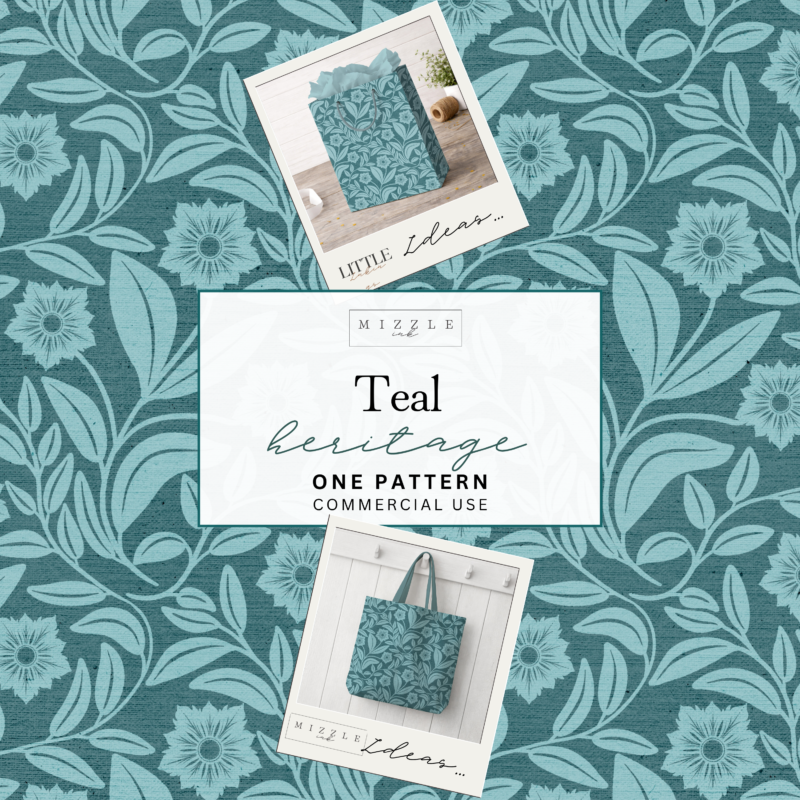 Teal and duck-egg blue heritage floral seamless pattern with trailing leaves and starburst flowers, hand-drawn by MizzleInk