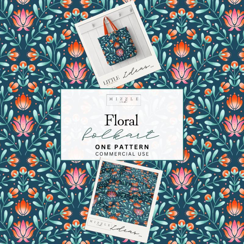 Navy folk art floral seamless pattern with coral, pink and mint blooms in a symmetrical layout, hand-drawn by MizzleInk