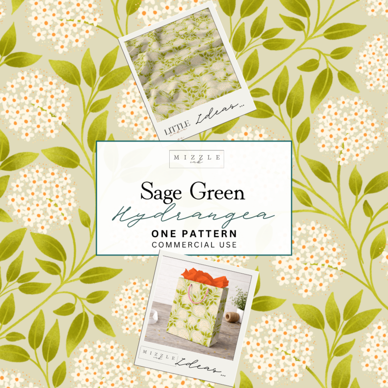 Sage green hydrangea seamless pattern with white and cream blooms, hand-drawn by MizzleInk