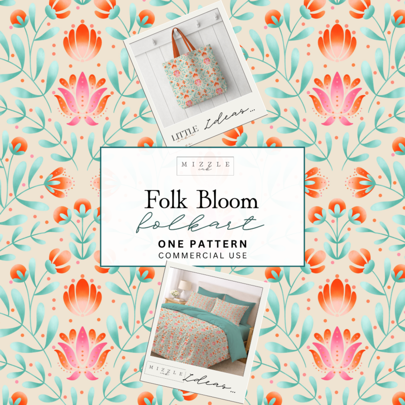 Cream folk art floral seamless pattern with coral, pink and mint blooms in a symmetrical layout, hand-drawn by MizzleInk