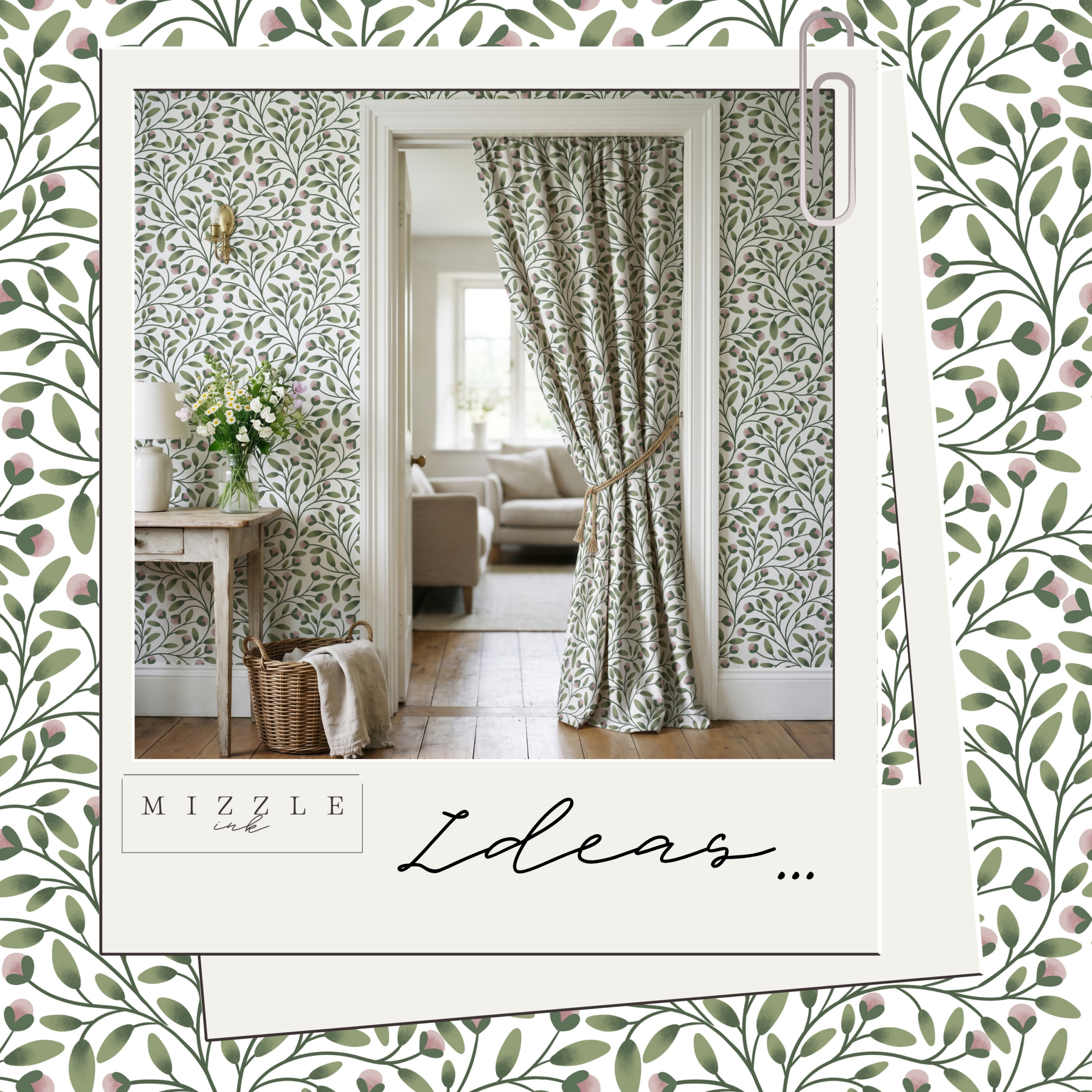 Sage green and blush pink botanical seamless pattern with trailing vines, hand-drawn by MizzleInk