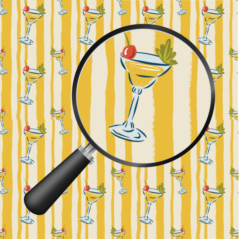 Retro cocktail glass seamless pattern with cherries and mustard yellow stripes, hand-drawn by MizzleInk