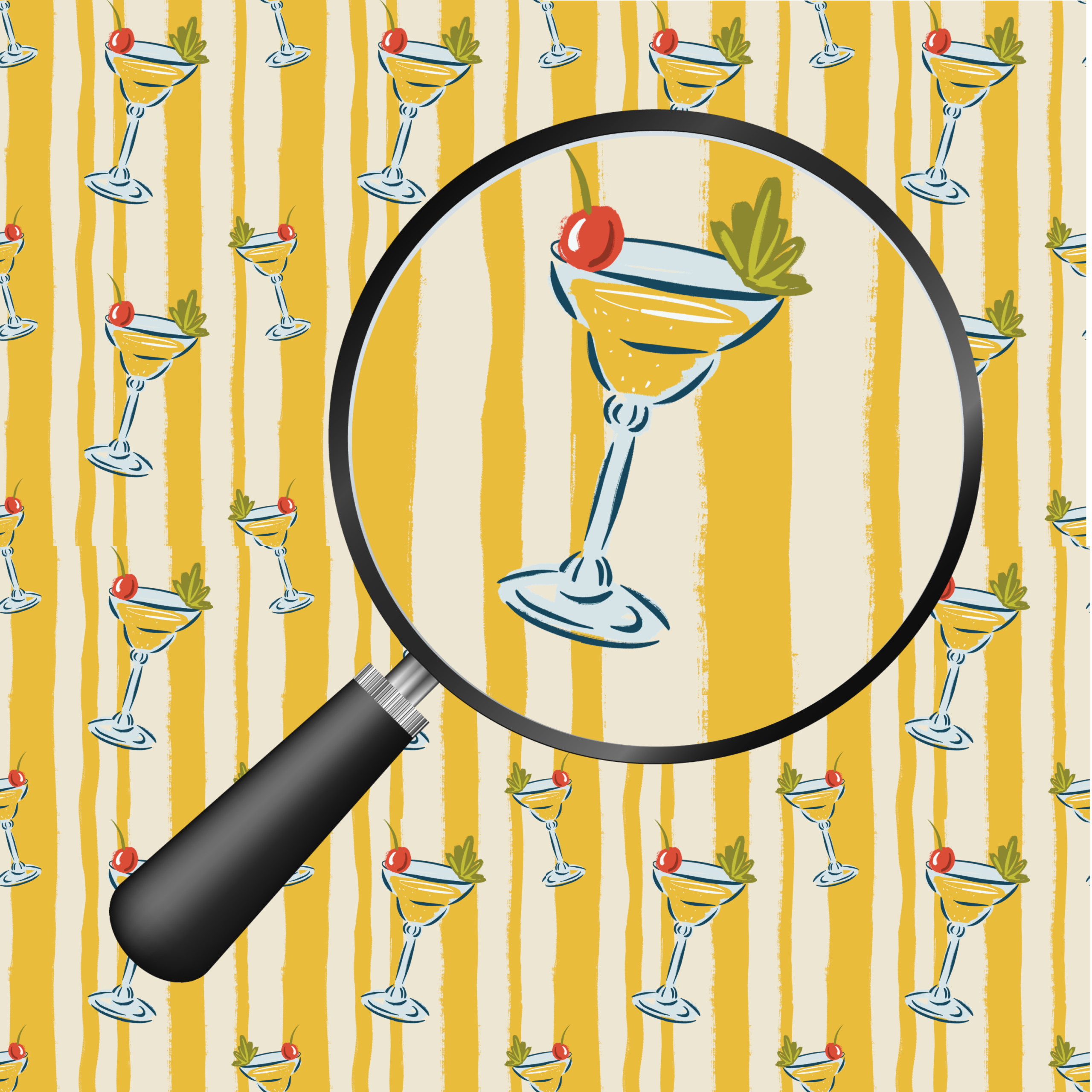 Retro cocktail glass seamless pattern with cherries and mustard yellow stripes, hand-drawn by MizzleInk