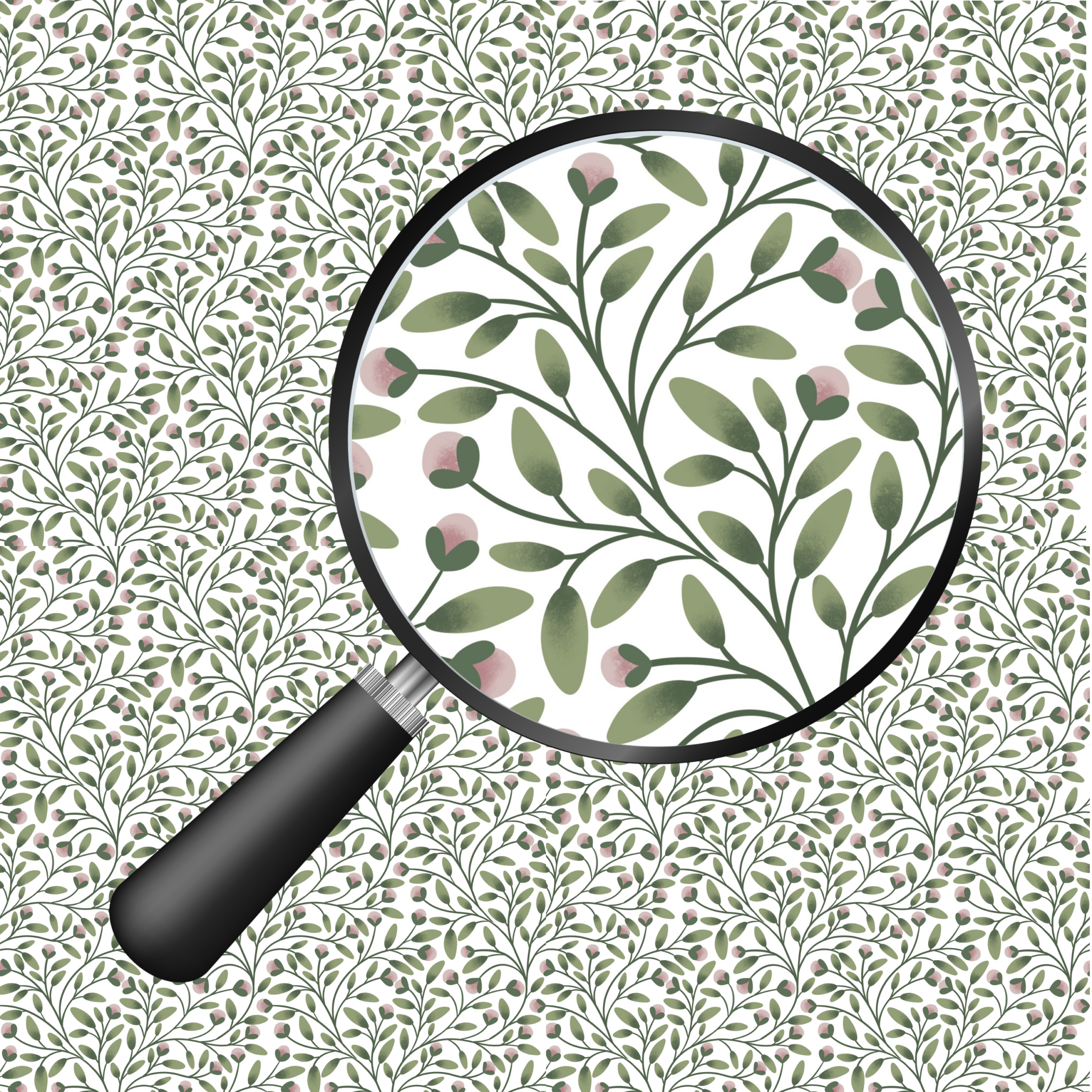Sage green and blush pink botanical seamless pattern with trailing vines, hand-drawn by MizzleInk