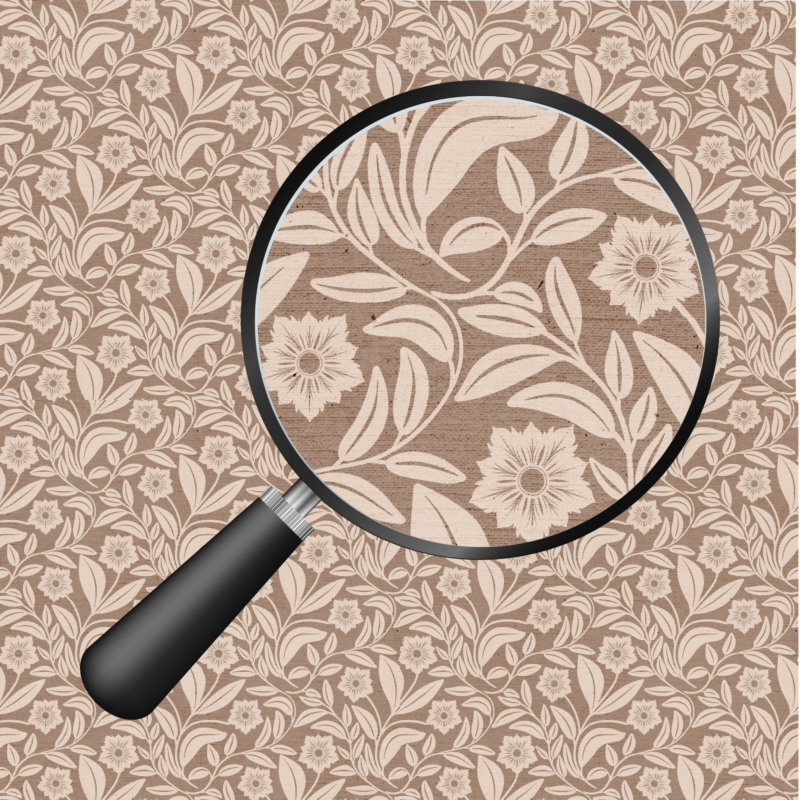Taupe and cream heritage floral seamless pattern with trailing leaves and starburst flowers, hand-drawn by MizzleInk