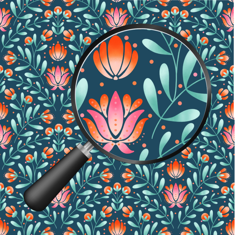 Navy folk art floral seamless pattern with coral, pink and mint blooms in a symmetrical layout, hand-drawn by MizzleInk