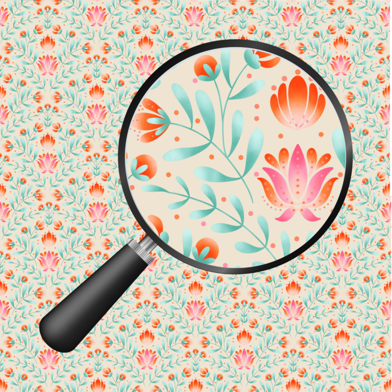 Cream folk art floral seamless pattern with coral, pink and mint blooms in a symmetrical layout, hand-drawn by MizzleInk