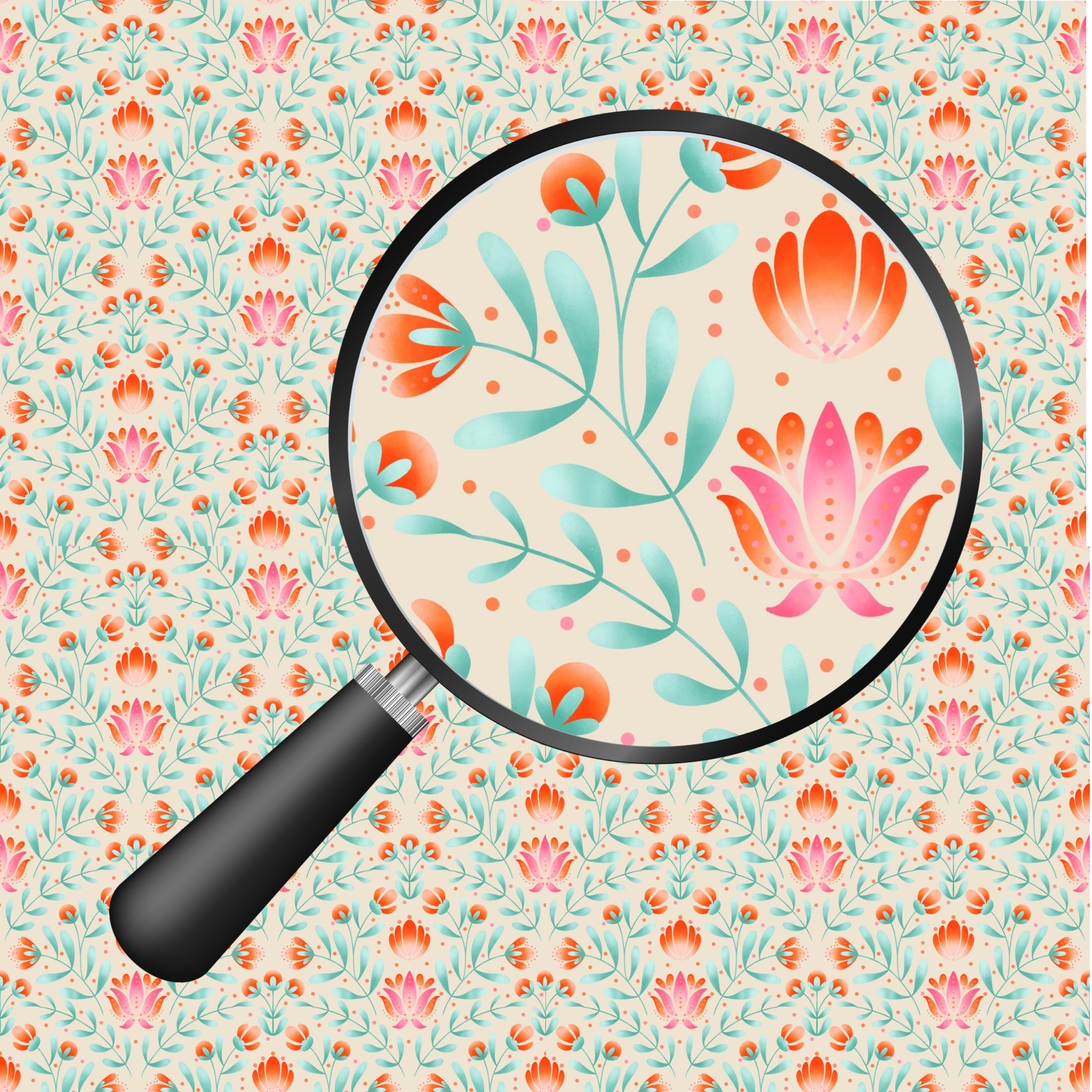 Cream folk art floral seamless pattern with coral, pink and mint blooms in a symmetrical layout, hand-drawn by MizzleInk