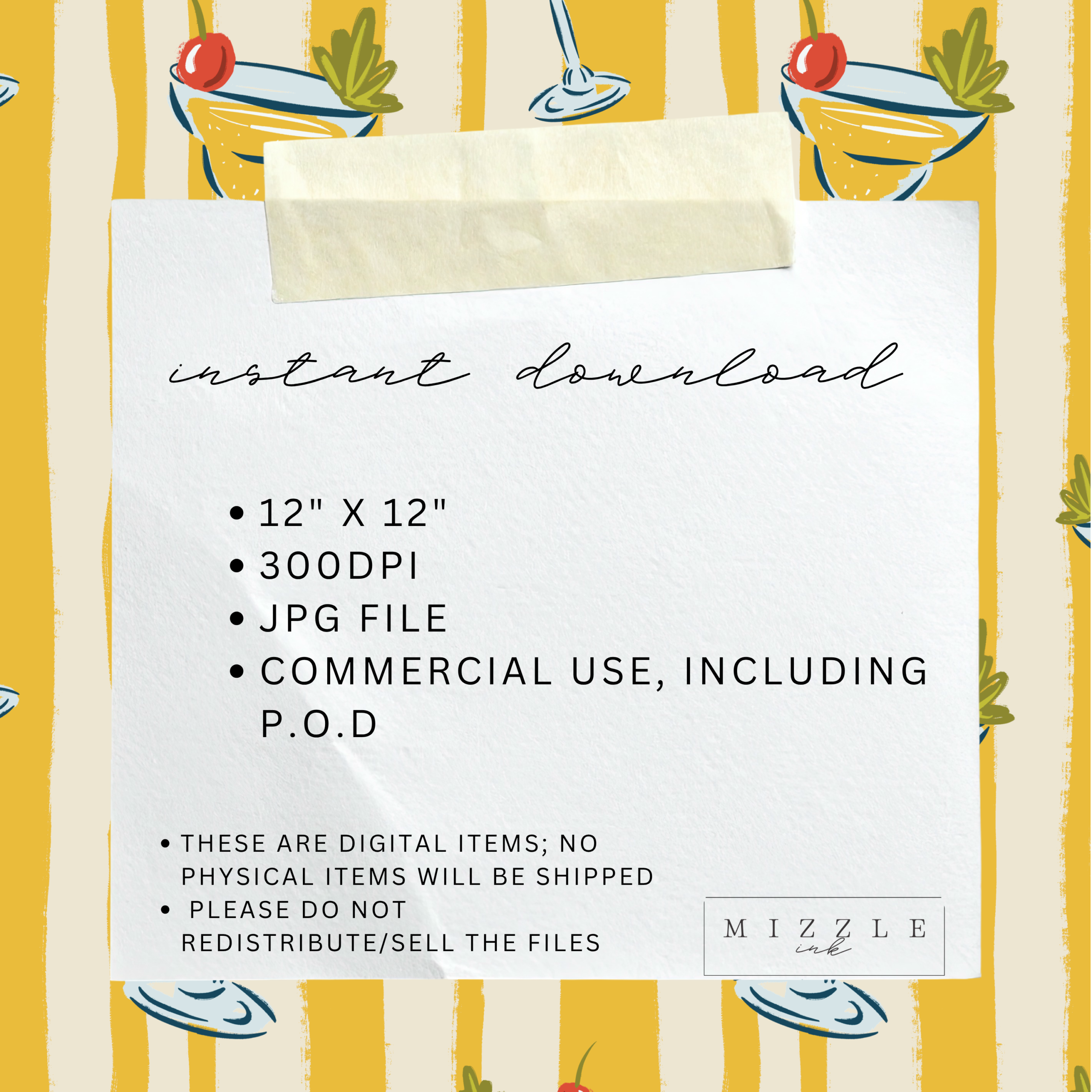 Retro cocktail glass seamless pattern with cherries and mustard yellow stripes, hand-drawn by MizzleInk