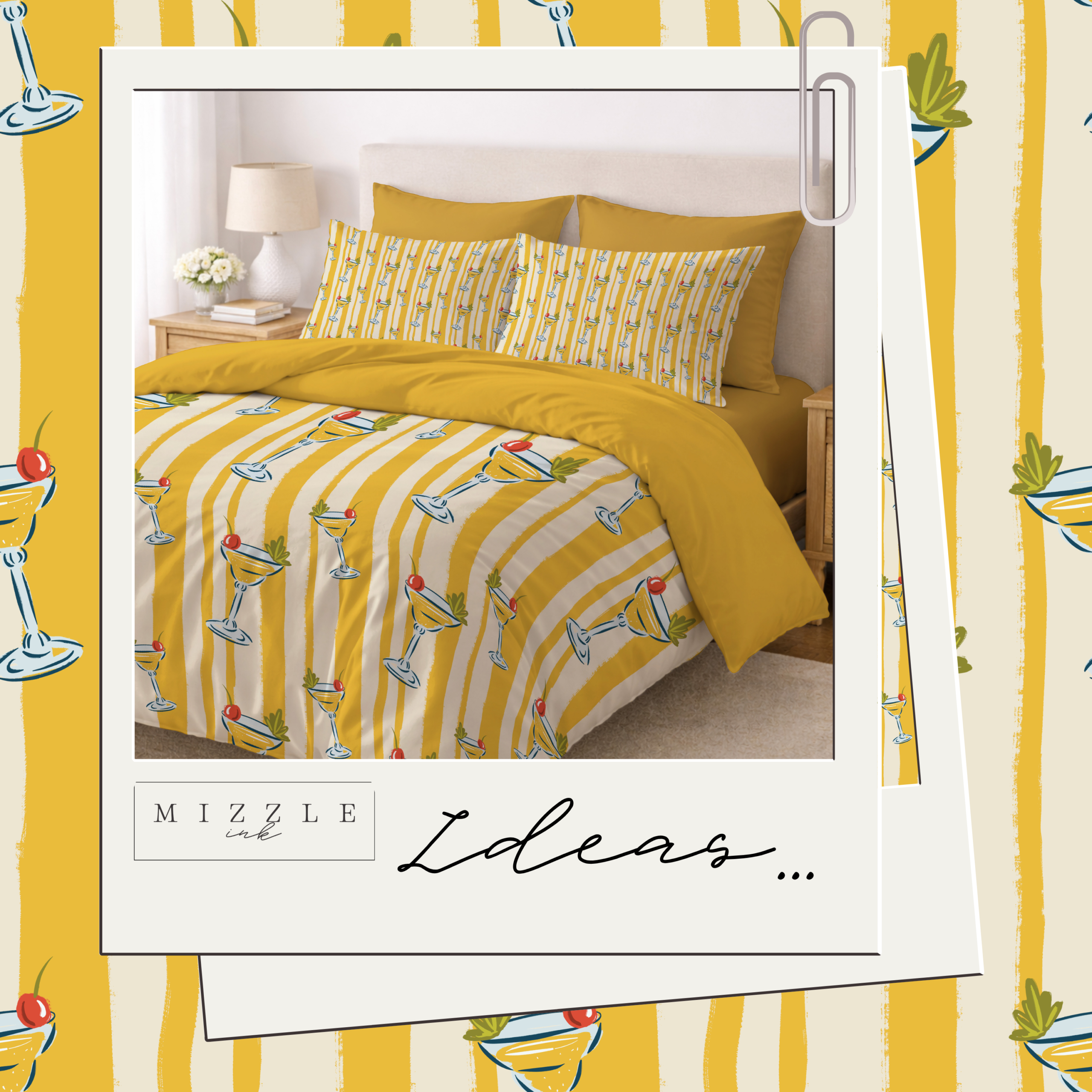 Retro cocktail glass seamless pattern with cherries and mustard yellow stripes, hand-drawn by MizzleInk