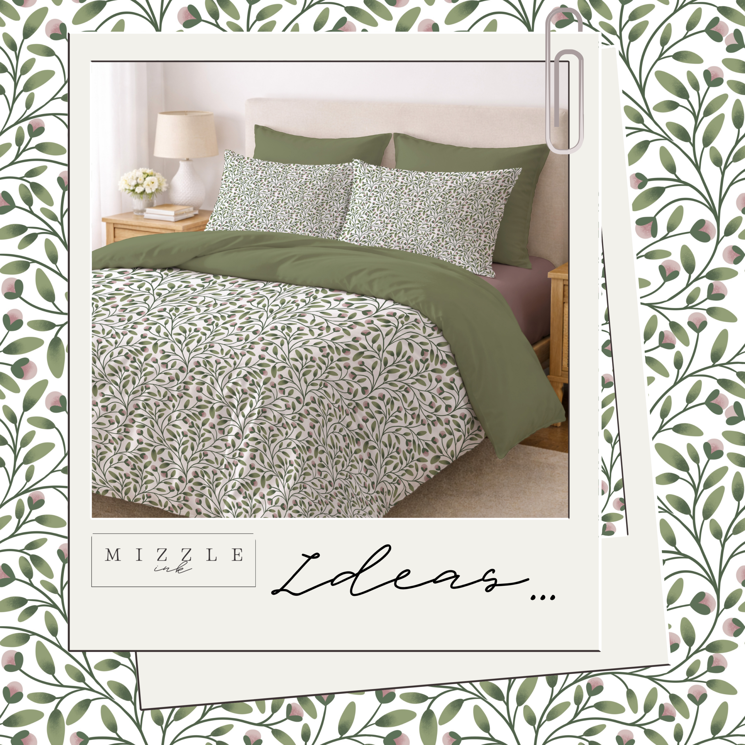 Sage green and blush pink botanical seamless pattern with trailing vines, hand-drawn by MizzleInk
