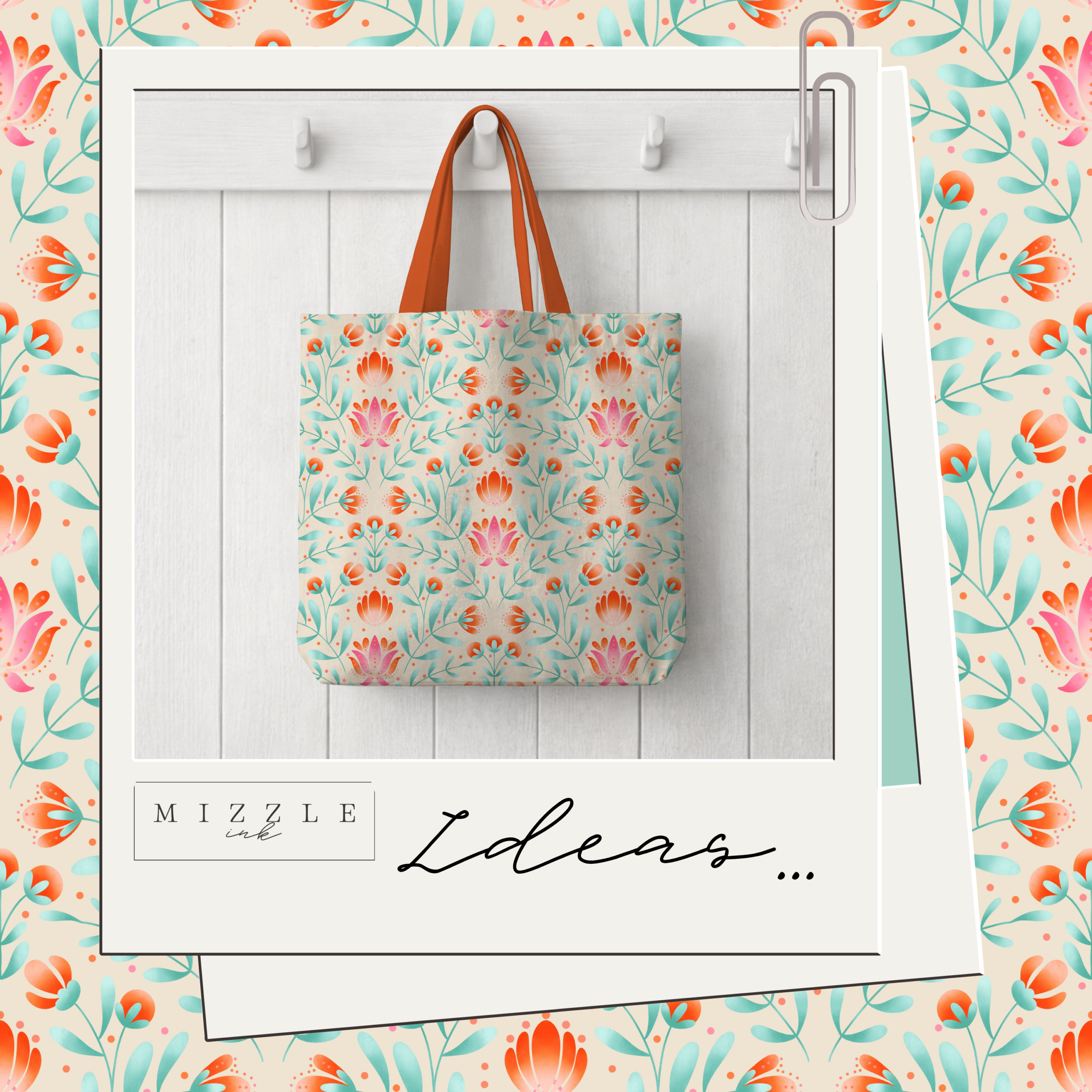 Cream folk art floral seamless pattern with coral, pink and mint blooms in a symmetrical layout, hand-drawn by MizzleInk
