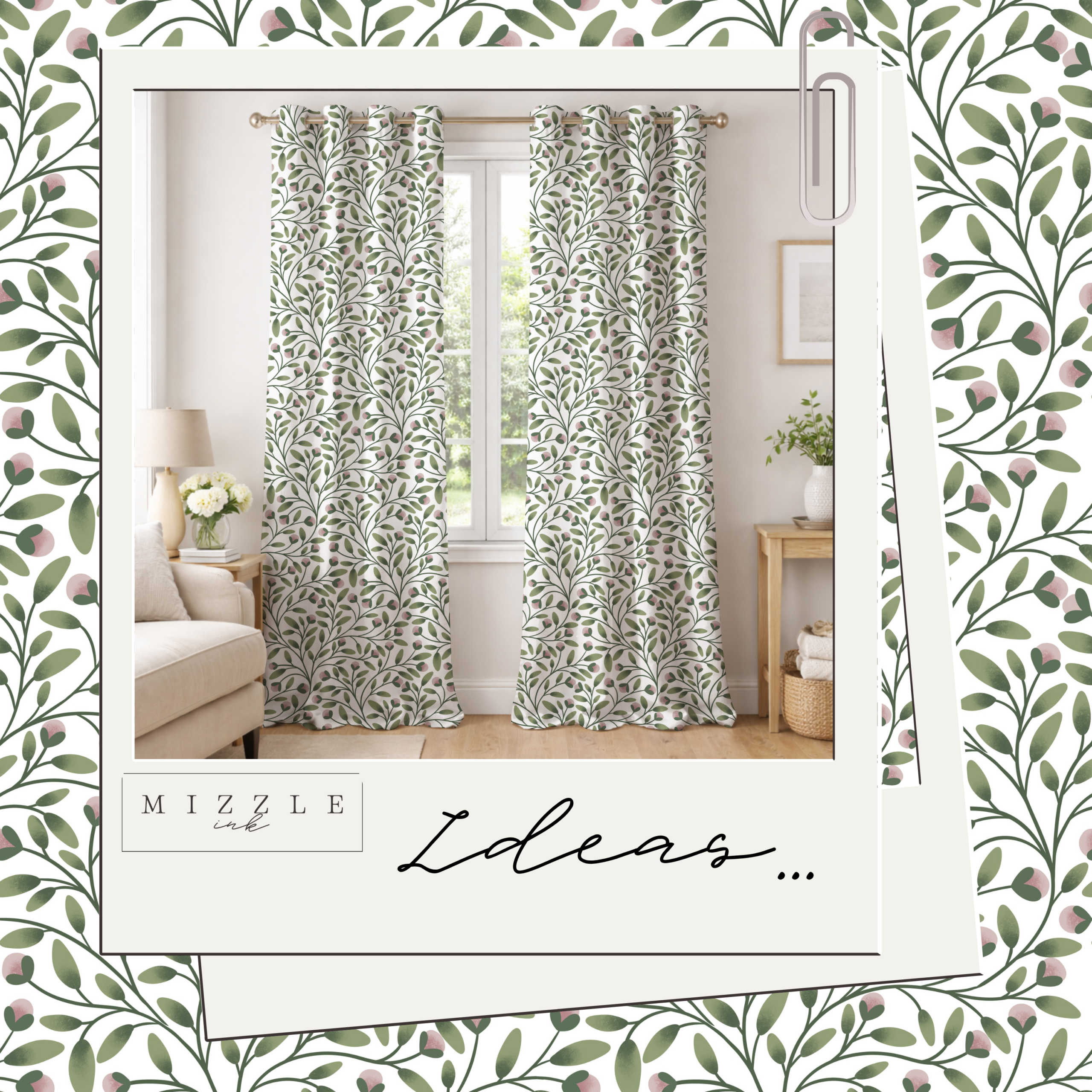 Sage green and blush pink botanical seamless pattern with trailing vines, hand-drawn by MizzleInk