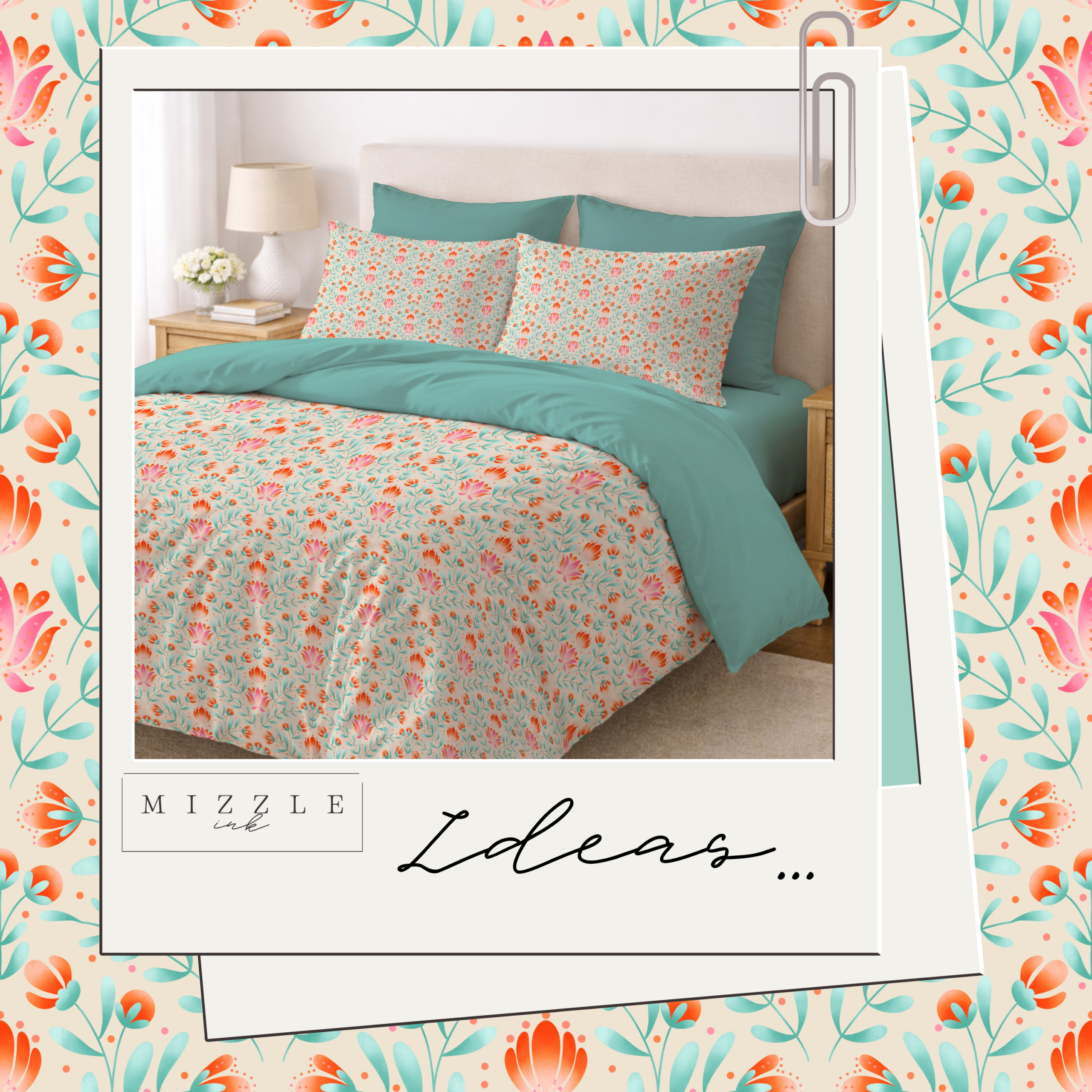 Cream folk art floral seamless pattern with coral, pink and mint blooms in a symmetrical layout, hand-drawn by MizzleInk