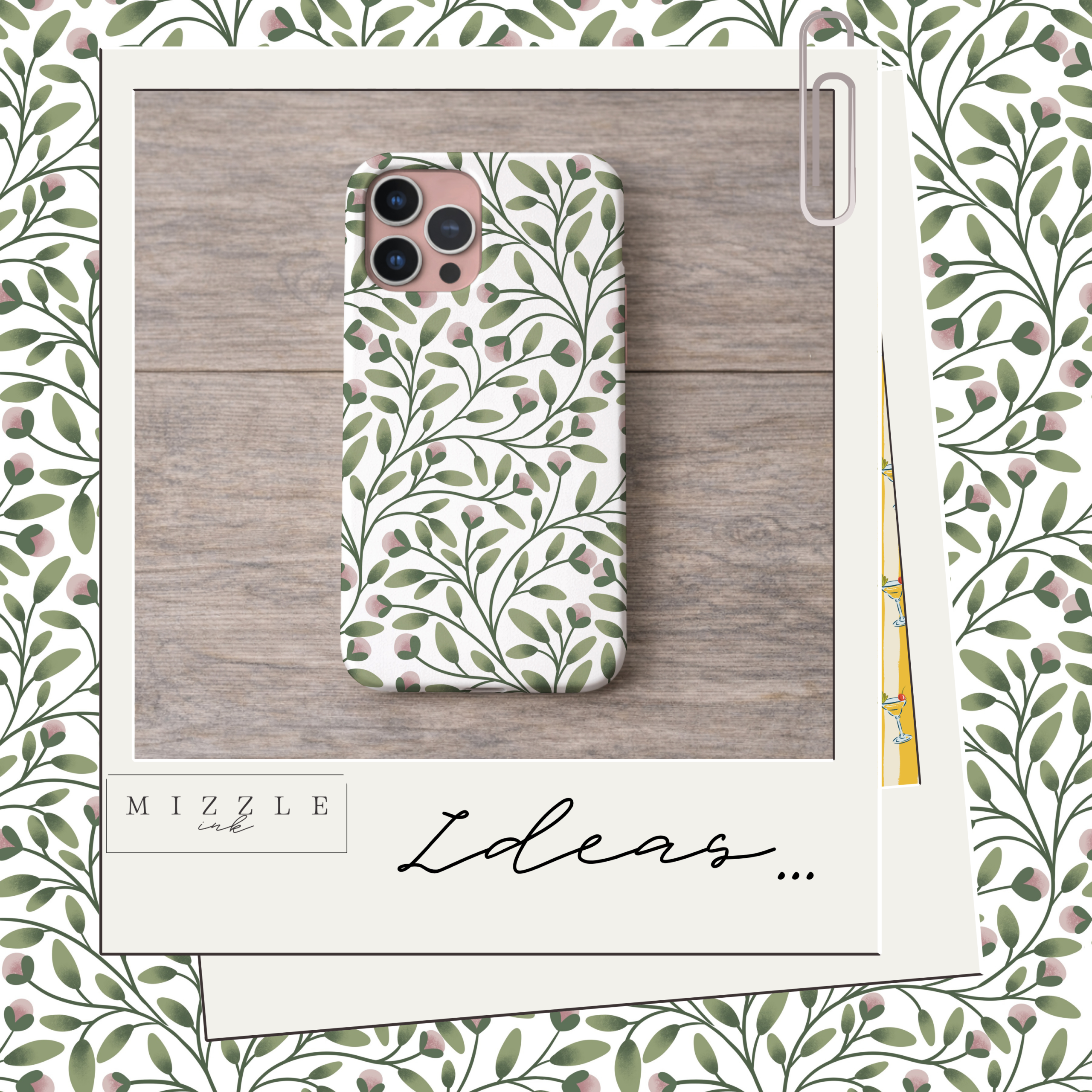 Sage green and blush pink botanical seamless pattern with trailing vines, hand-drawn by MizzleInk