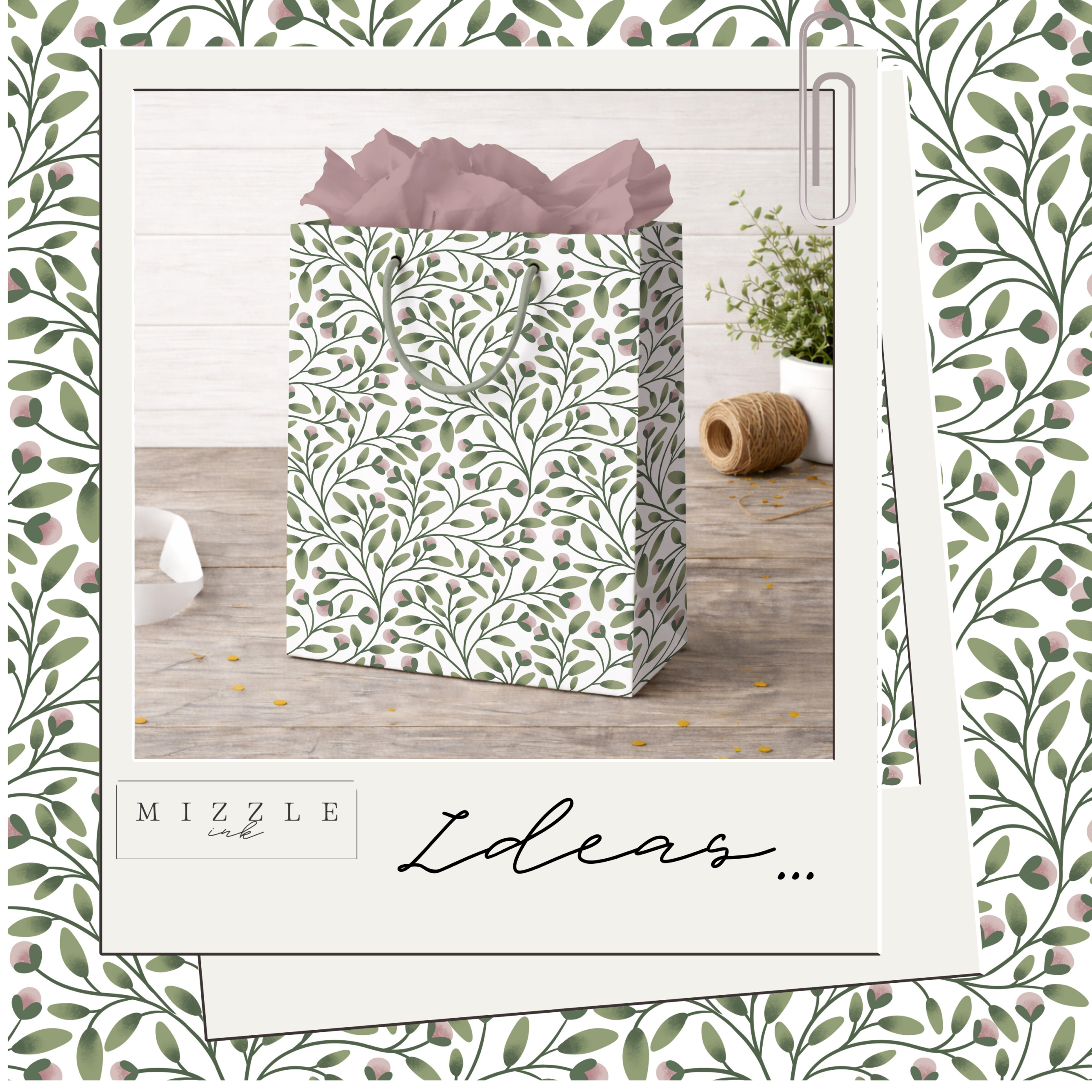 Sage green and blush pink botanical seamless pattern with trailing vines, hand-drawn by MizzleInk