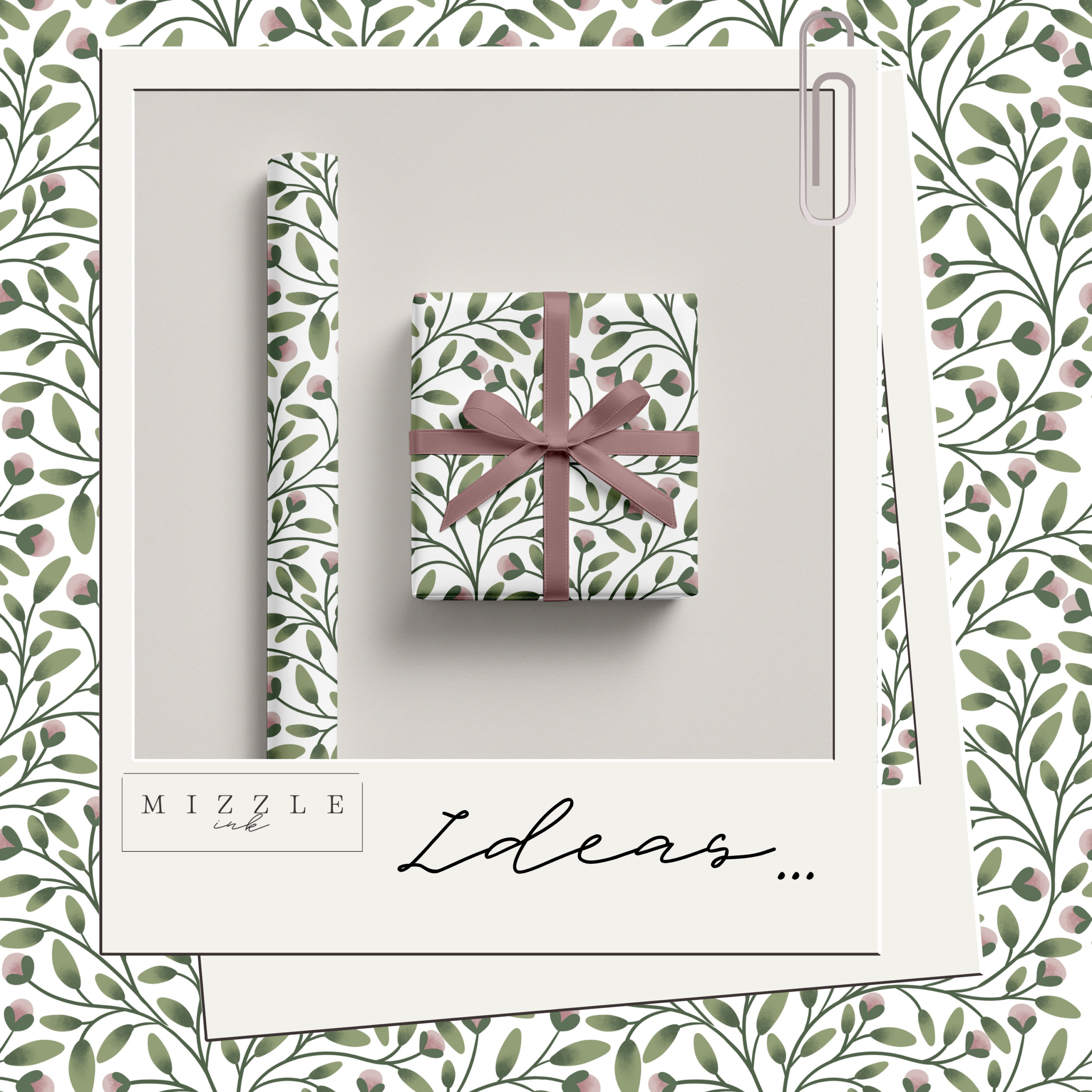 Sage green and blush pink botanical seamless pattern with trailing vines, hand-drawn by MizzleInk