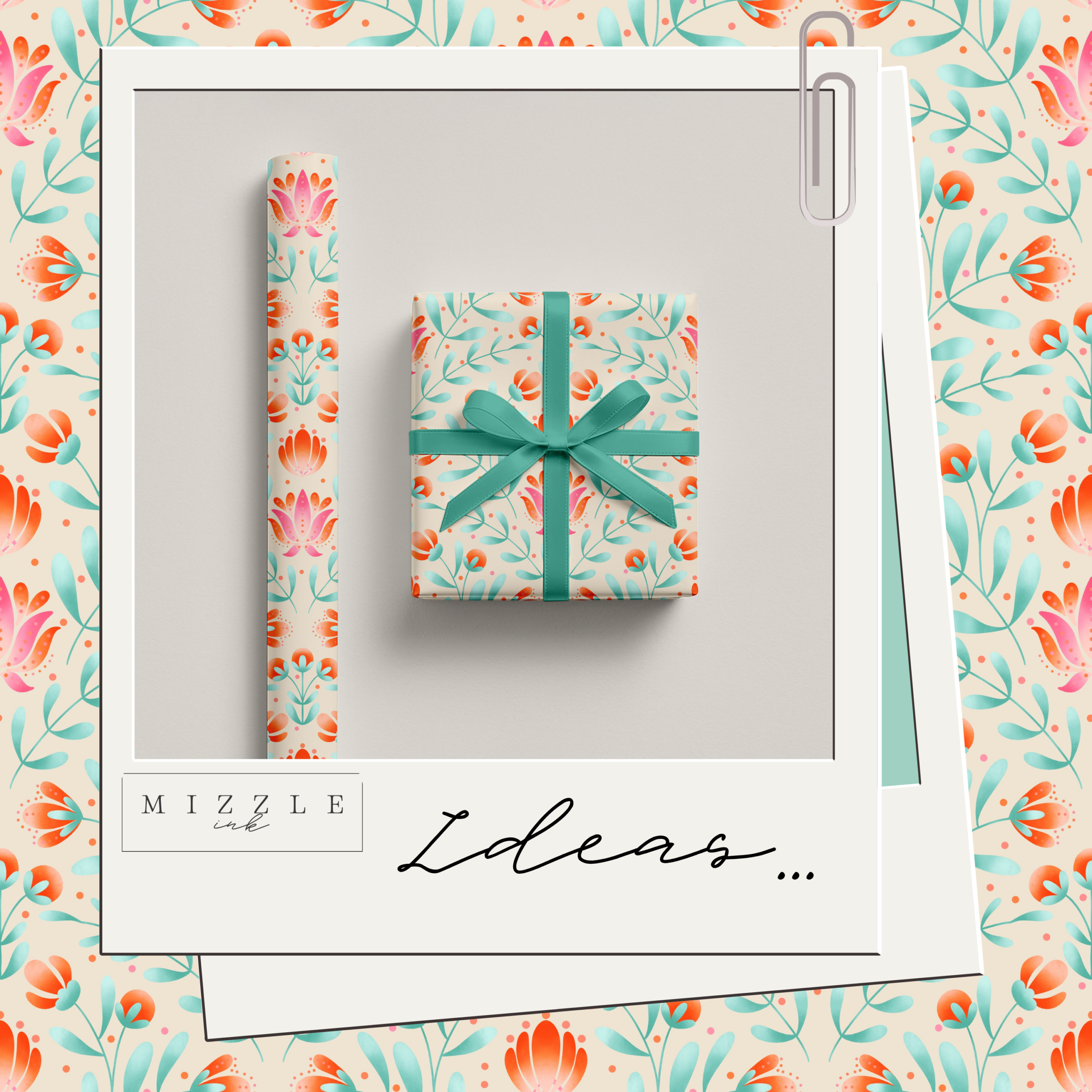 Cream folk art floral seamless pattern with coral, pink and mint blooms in a symmetrical layout, hand-drawn by MizzleInk