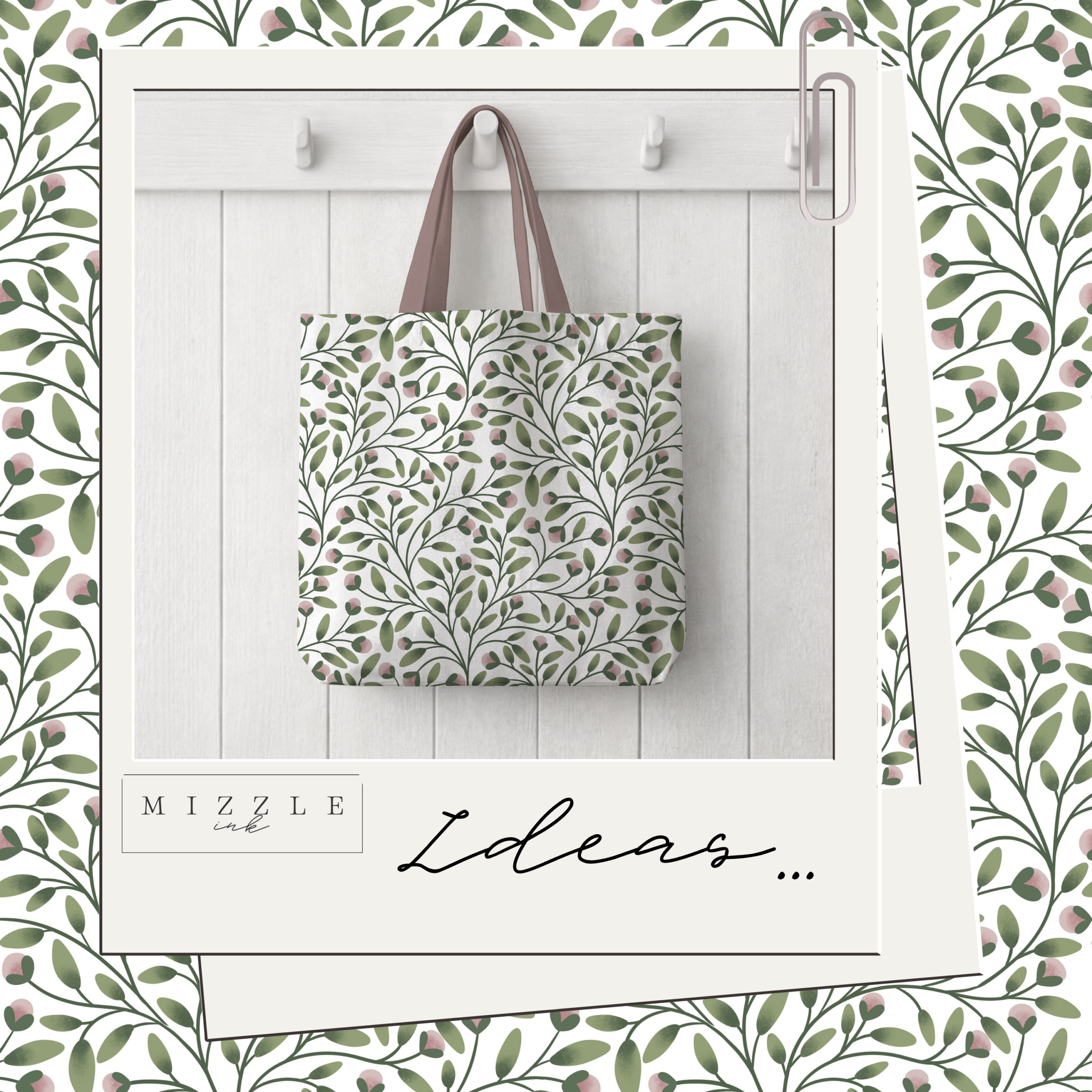 Sage green and blush pink botanical seamless pattern with trailing vines, hand-drawn by MizzleInk