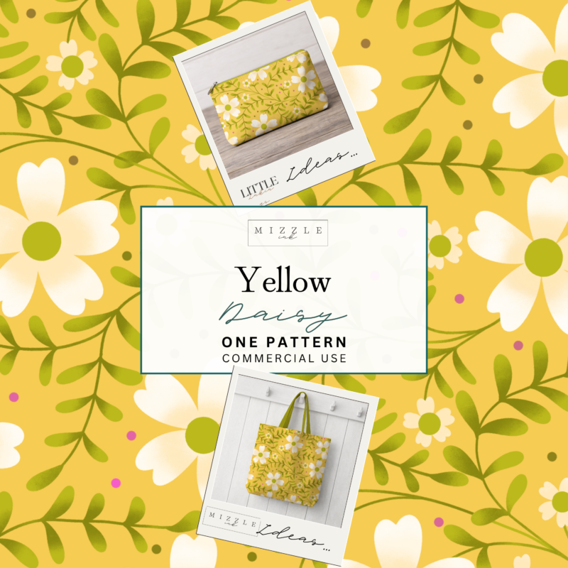 Yellow floral seamless pattern with white daisies, green vines and pink and brown polka dots, hand-drawn by MizzleInk